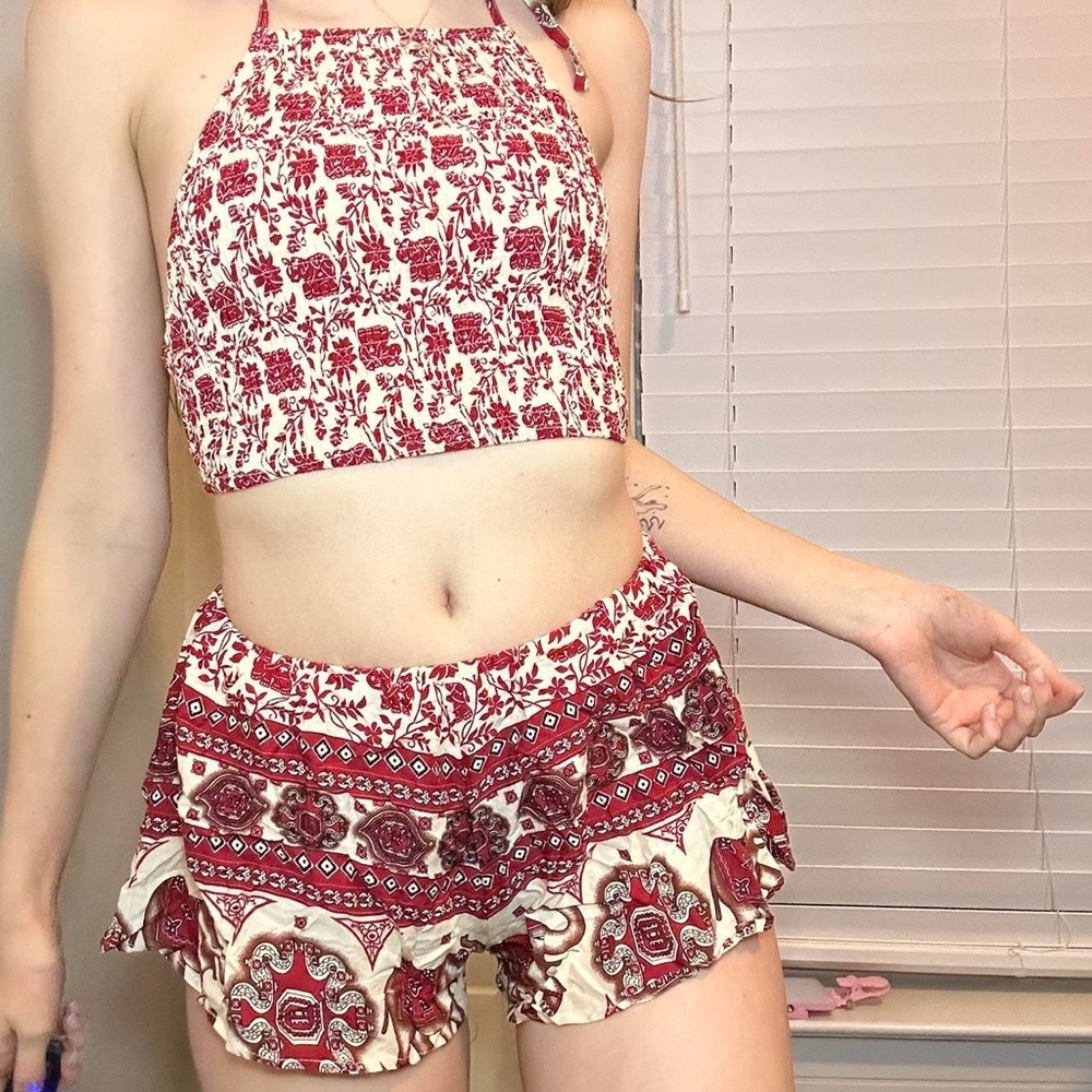 Red and Cream Floral Halter Top and Shorts Set